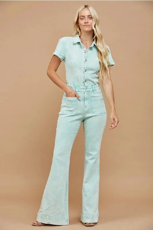 Western Acid Washed Bootcut Leg Denim Jumpsuit Aqua Denim jumpsuit, Casual, Street style, Comfortable Western Acid Washed Bootcut Leg Denim Jumpsuit Aqua Denim jumpsuit, Casual, Street style, Comfortable