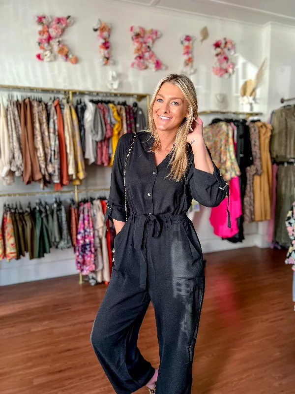Black Rolled Sleeve Waist Tie Jumpsuit Utility jumpsuit, Pockets, Functional, Fashionable Black Rolled Sleeve Waist Tie Jumpsuit Utility jumpsuit, Pockets, Functional, Fashionable