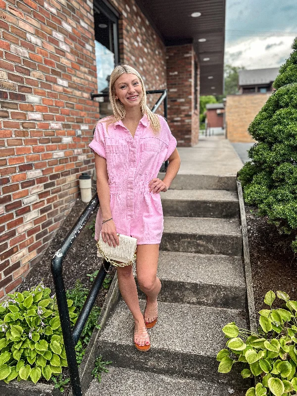Blush Denim Short Sleeve Romper Halter neck jumpsuit, Sexy, Elegant, Trendy