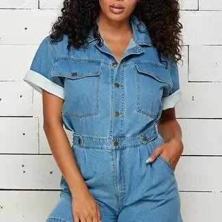 Short Sleeve Denim Romper Button-up jumpsuit, Relaxed fit, Trendy, Comfortable