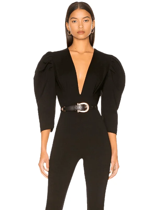 Deep V Puff Sleeve Black Bandage Jumpsuit For Women Ruffle sleeve jumpsuit, Feminine, Elegant, Comfortable Deep V Puff Sleeve Black Bandage Jumpsuit For Women Ruffle sleeve jumpsuit, Feminine, Elegant, Comfortable