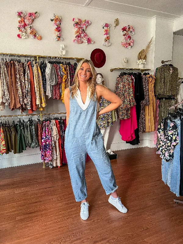 Denim Chambray Overall Patch Pocket Jumpsuit Button-up jumpsuit, Vintage style, Casual, Relaxed Denim Chambray Overall Patch Pocket Jumpsuit Button-up jumpsuit, Vintage style, Casual, Relaxed