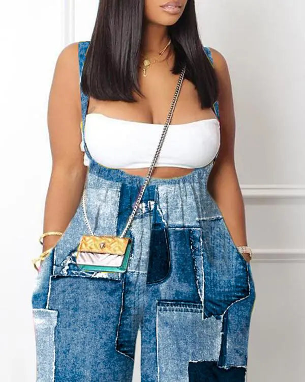 Denim Look Print Wide Leg Suspender Jumpsuit Black jumpsuit, Elegant, Simple, Night out
