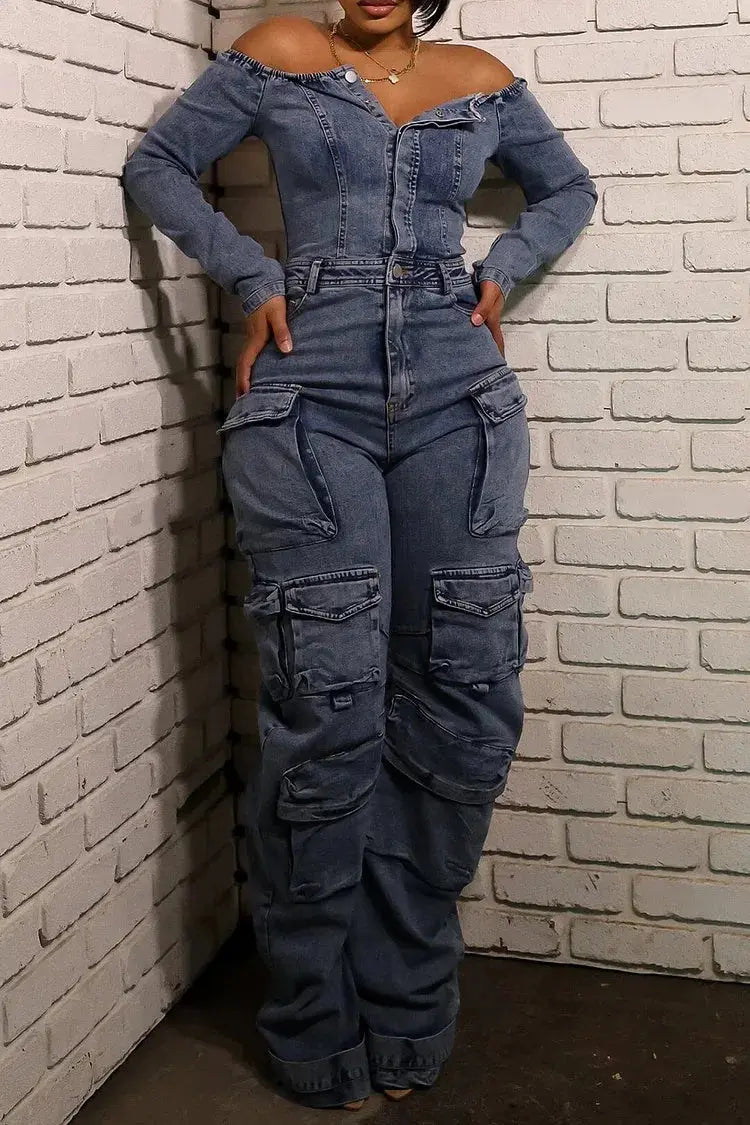FZ Women's Cargo Multi-pocket Sexy Off Shoulder Streetwear Denim Jumpsuit Long sleeve jumpsuit, Cozy, Trendy, Fall collection FZ Women's Cargo Multi-pocket Sexy Off Shoulder Streetwear Denim Jumpsuit Long sleeve jumpsuit, Cozy, Trendy, Fall collection