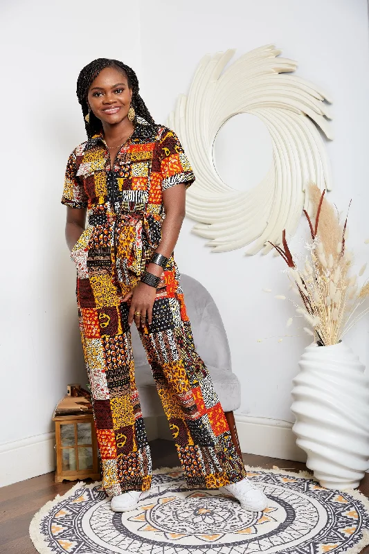 Short Sleeve African Print Cargo Pant Suit/Jumpsuit - Ulrika Color block jumpsuit, Bold design, Fashion statement, Modern Short Sleeve African Print Cargo Pant Suit/Jumpsuit - Ulrika Color block jumpsuit, Bold design, Fashion statement, Modern