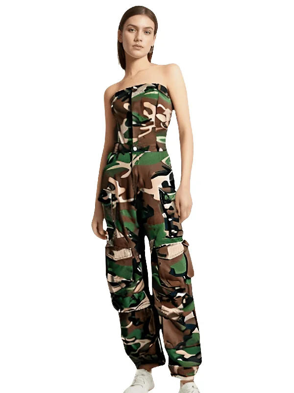 Strapless Camouflage Cargo Jumpsuits For Women Wide leg jumpsuit, Summer vibes, Relaxed fit, Casual Strapless Camouflage Cargo Jumpsuits For Women Wide leg jumpsuit, Summer vibes, Relaxed fit, Casual