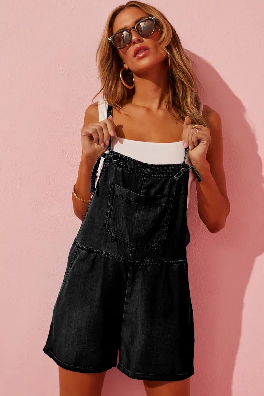 Sleeveless Chambray Black Denim Jean Romper Strap jumpsuit, Simple design, Trendy, Casual Sleeveless Chambray Black Denim Jean Romper Strap jumpsuit, Simple design, Trendy, Casual