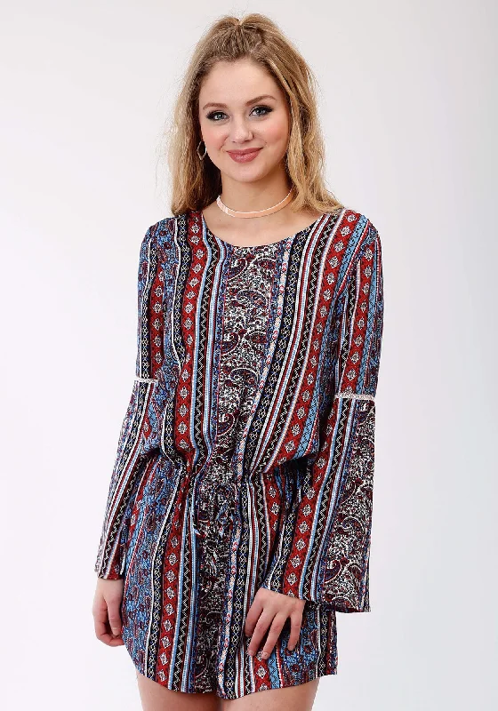 Roper Womens Blue Rayon/Nylon Paisley Stripe L/S Romper Silk jumpsuit, Luxurious, Elegant, Glamorous Roper Womens Blue Rayon/Nylon Paisley Stripe L/S Romper Silk jumpsuit, Luxurious, Elegant, Glamorous