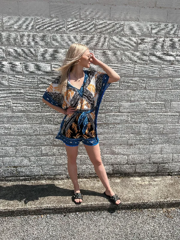 Tropical Print Kimono Sleeve Romper Utility jumpsuit, Casual, Functional, Trendy
