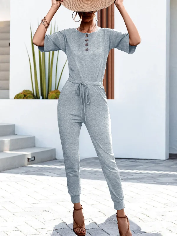 Buttoned Half Sleeve Round Neck Jumpsuit Zipper front jumpsuit, Casual, Trendy, Comfortable Buttoned Half Sleeve Round Neck Jumpsuit Zipper front jumpsuit, Casual, Trendy, Comfortable