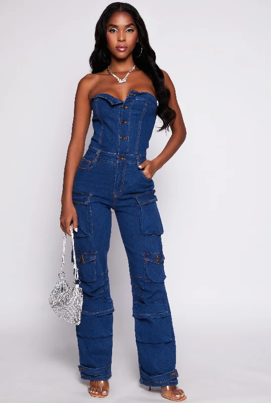 Daisy Denim Strapless Button Front Cargo Jumpsuit Summer jumpsuit, Light fabric, Comfortable, Fashionable Daisy Denim Strapless Button Front Cargo Jumpsuit Summer jumpsuit, Light fabric, Comfortable, Fashionable