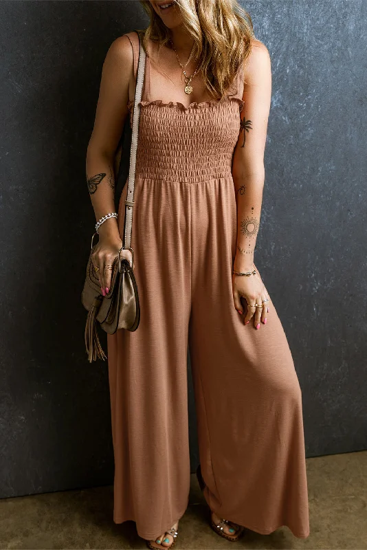 Frill Smocked Wide Leg Jumpsuit Solid color jumpsuit, Sleek, Minimalist, Trendy