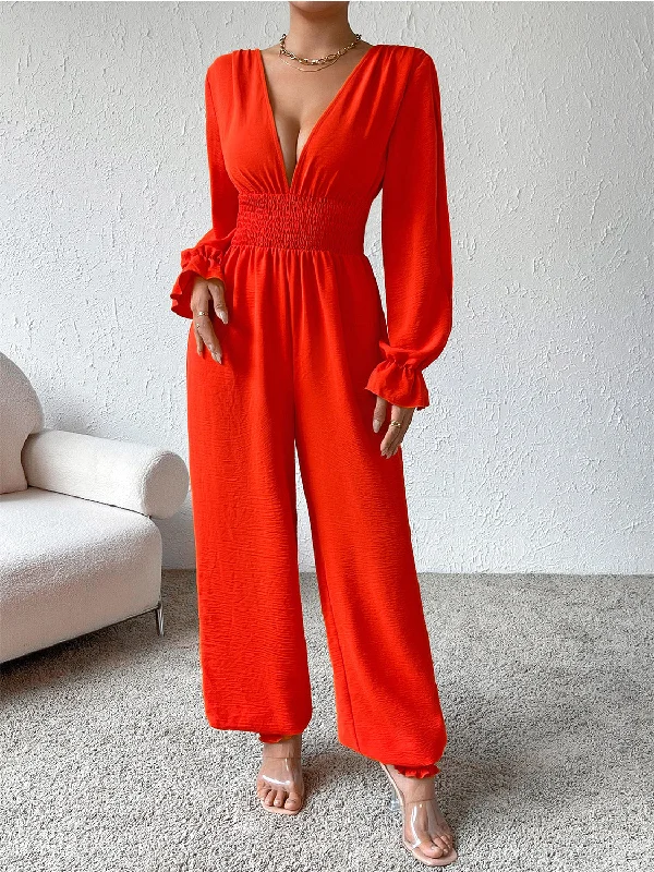 Plunge Smocked Flounce Sleeve Jumpsuit Jumpsuit with belt, Slim fit, Comfortable, Elegant Plunge Smocked Flounce Sleeve Jumpsuit Jumpsuit with belt, Slim fit, Comfortable, Elegant