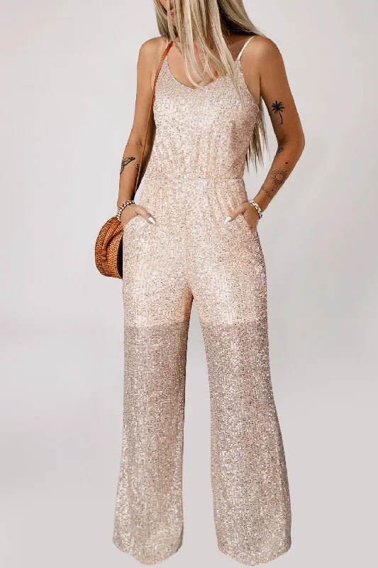 Sequin Spaghetti Strap Wide Leg Jumpsuit Classic black jumpsuit, Elegant, Simple, Night out Sequin Spaghetti Strap Wide Leg Jumpsuit Classic black jumpsuit, Elegant, Simple, Night out