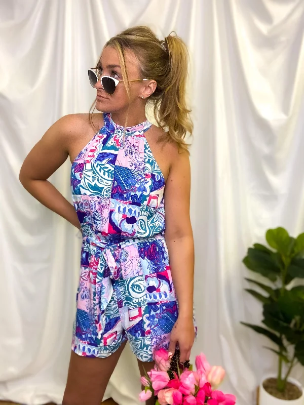 Teal Patchwork Waist Tie Romper Strappy jumpsuit, Simple design, Casual, Trendy