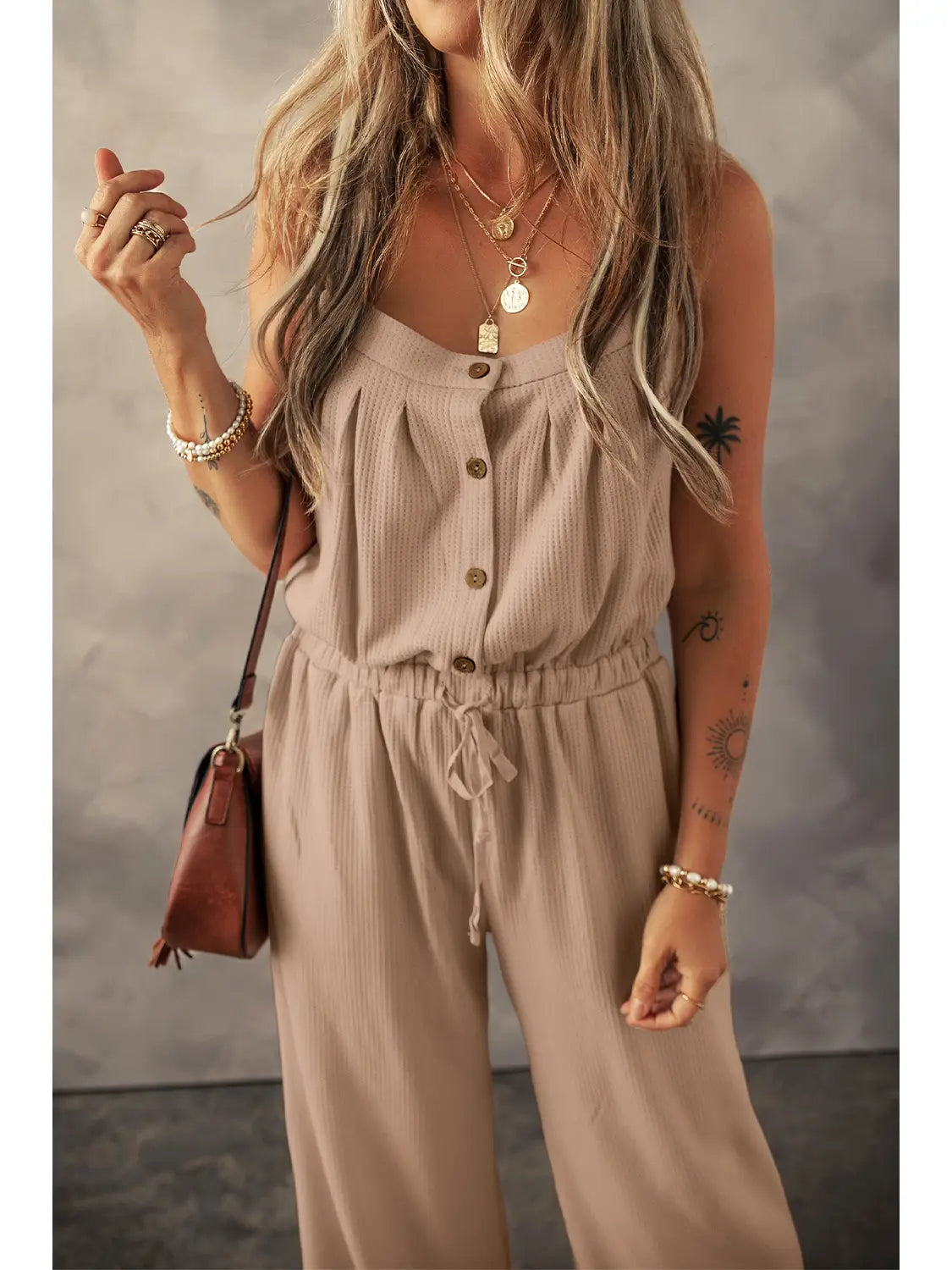 Textured Drawstring Jumpsuit Pale Khaki Bohemian style jumpsuit, Loose fit, Casual, Trendy Textured Drawstring Jumpsuit Pale Khaki Bohemian style jumpsuit, Loose fit, Casual, Trendy