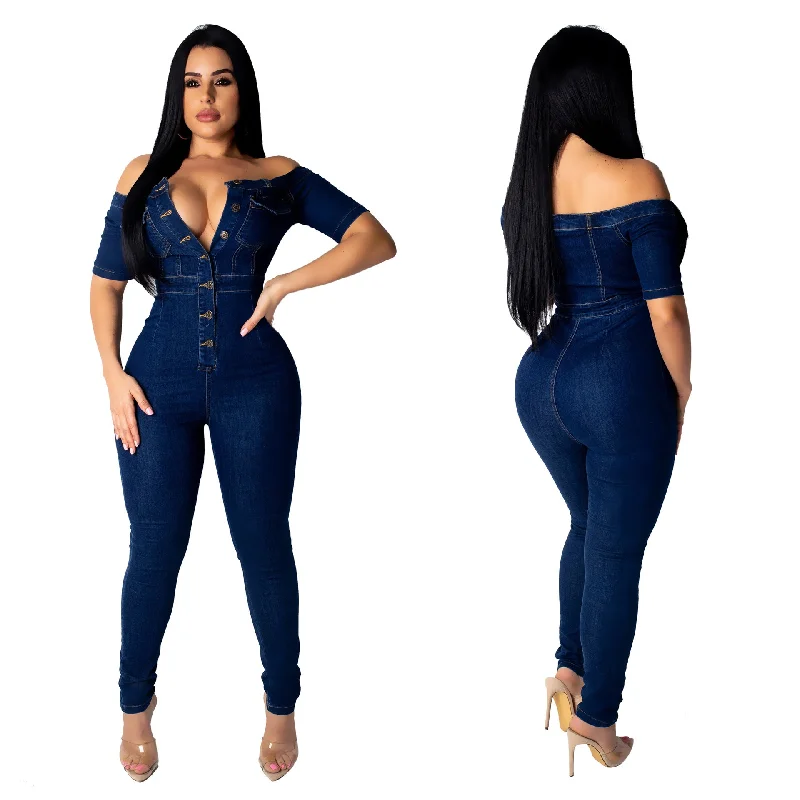 Women Plus Size Bandeau One-Shoulder Slim Jumpsuit Jeans Jumpsuit romper, Playful, Casual, Comfortable Women Plus Size Bandeau One-Shoulder Slim Jumpsuit Jeans Jumpsuit romper, Playful, Casual, Comfortable
