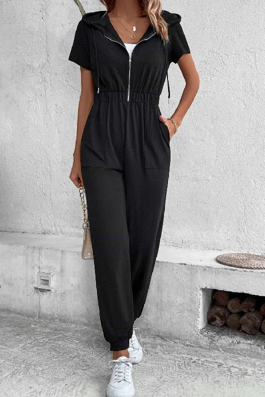 Zip-Up Short Sleeve Hooded Jumpsuit with Pockets Satin wide leg jumpsuit, Luxurious fabric, Evening wear, Chic Zip-Up Short Sleeve Hooded Jumpsuit with Pockets Satin wide leg jumpsuit, Luxurious fabric, Evening wear, Chic