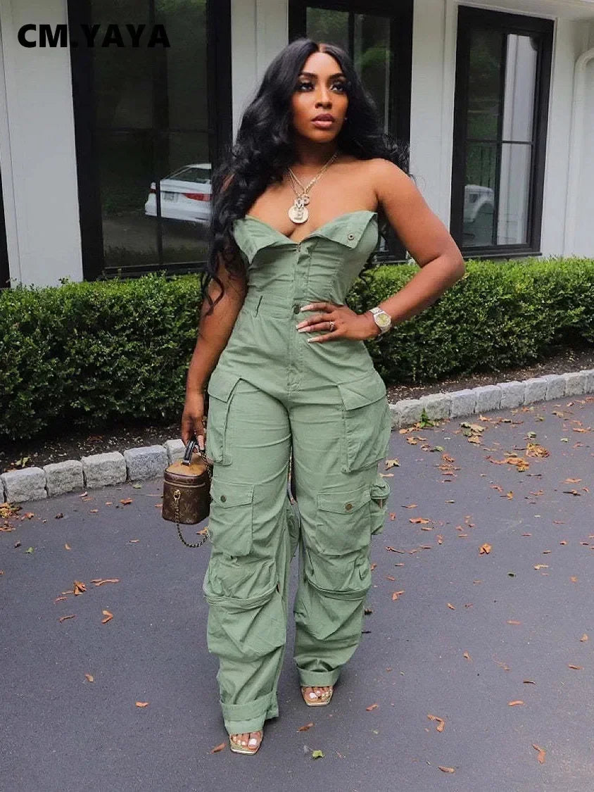 Fashion Women Strapless Button Front Ruched Cargo Jumpsuit Tailored wide-leg jumpsuit, Chic, Elegant, Comfortable Fashion Women Strapless Button Front Ruched Cargo Jumpsuit Tailored wide-leg jumpsuit, Chic, Elegant, Comfortable