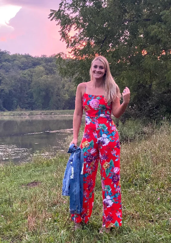 Red Floral Poppy Print Jumpsuit Zipper jumpsuit, Trendy, Comfortable, Fashionable