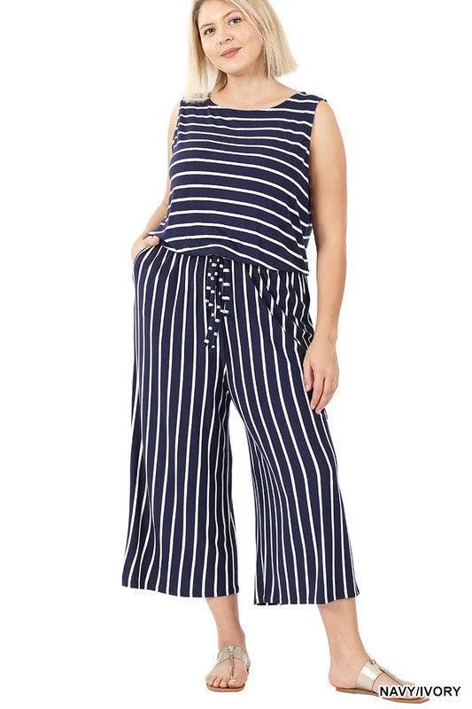 Curvy/Plus Navy Striped Sleeveless Capri Jumpsuit Cropped jumpsuit, Summer style, Comfortable, Trendy Curvy/Plus Navy Striped Sleeveless Capri Jumpsuit Cropped jumpsuit, Summer style, Comfortable, Trendy