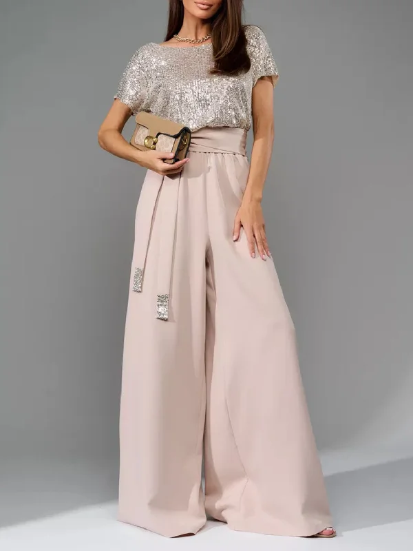Full Size Sequin Round Neck Short Sleeve Wide Leg Jumpsuit Halter jumpsuit, Summer style, Sexy, Chic Full Size Sequin Round Neck Short Sleeve Wide Leg Jumpsuit Halter jumpsuit, Summer style, Sexy, Chic