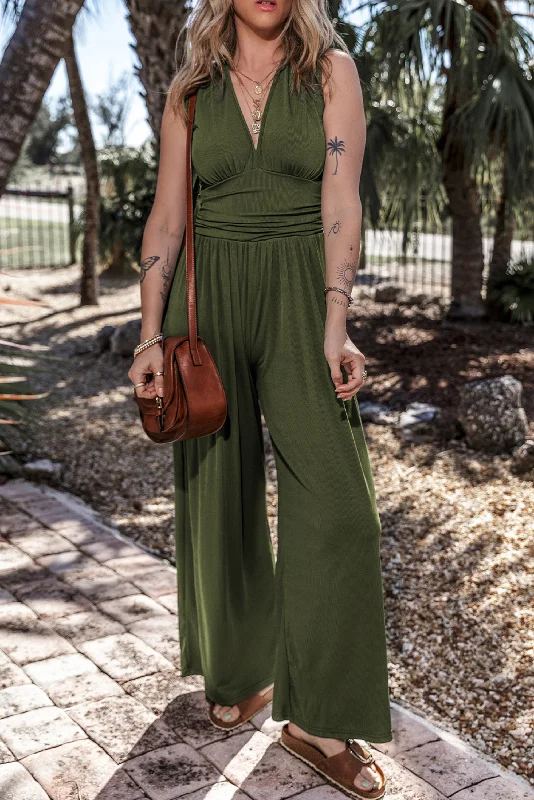 Green Sleeveless V Neck Wide Leg Jumpsuit Boho inspired jumpsuit, Relaxed, Comfortable, Stylish