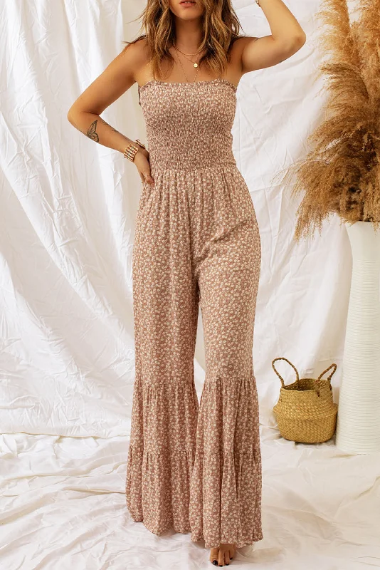 Khaki Thin Straps Smocked Bodice Wide Leg Floral Jumpsuit Velvet jumpsuit, Glamorous, Elegant, Party wear Khaki Thin Straps Smocked Bodice Wide Leg Floral Jumpsuit Velvet jumpsuit, Glamorous, Elegant, Party wear