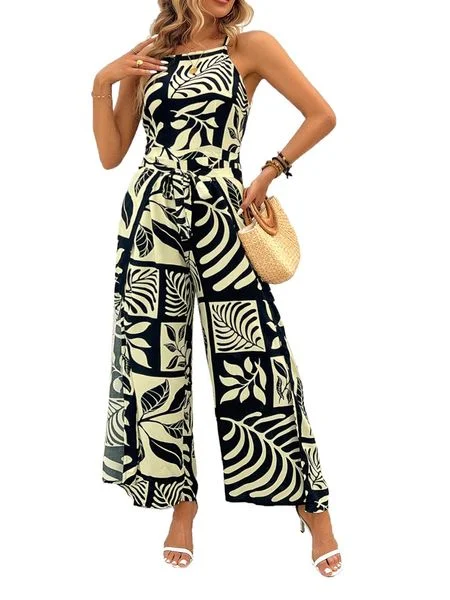 Printed Tie Back Jumpsuits Sleeveless Tie Waist Jumpsuits Wide-Leg Jumpsuits with Slit Satin halter jumpsuit, Glamorous, Fashionable, Nightwear Printed Tie Back Jumpsuits Sleeveless Tie Waist Jumpsuits Wide-Leg Jumpsuits with Slit Satin halter jumpsuit, Glamorous, Fashionable, Nightwear